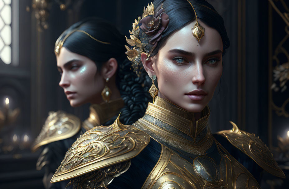 Digital Artwork: Two Women in Golden Armor with Blue Eyes, Braided Hair, and Reflective