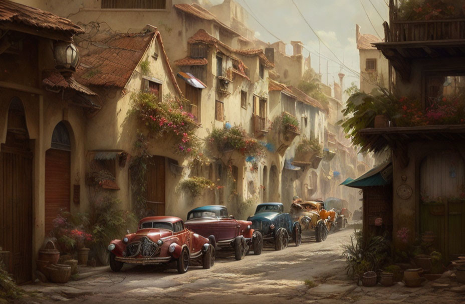 Vintage Street Scene: Classic Cars and Old Buildings in Sunlit Setting