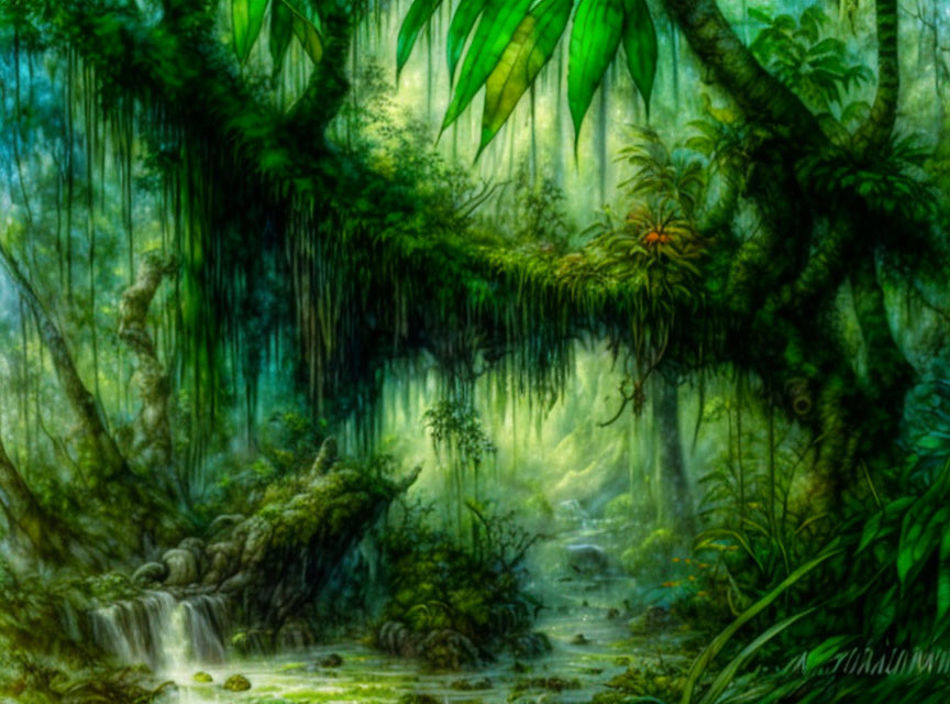 Lush Green Rainforest Scene with Mist and Stream