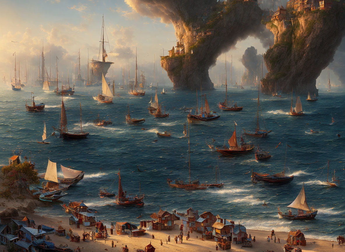 Harbor scene: Sailboats on water under cliff at sunset