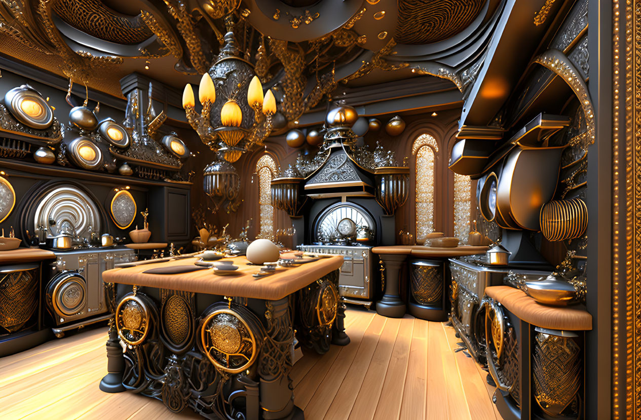 Luxurious Steampunk-Inspired Interior with Golden Accents and Vintage Elements