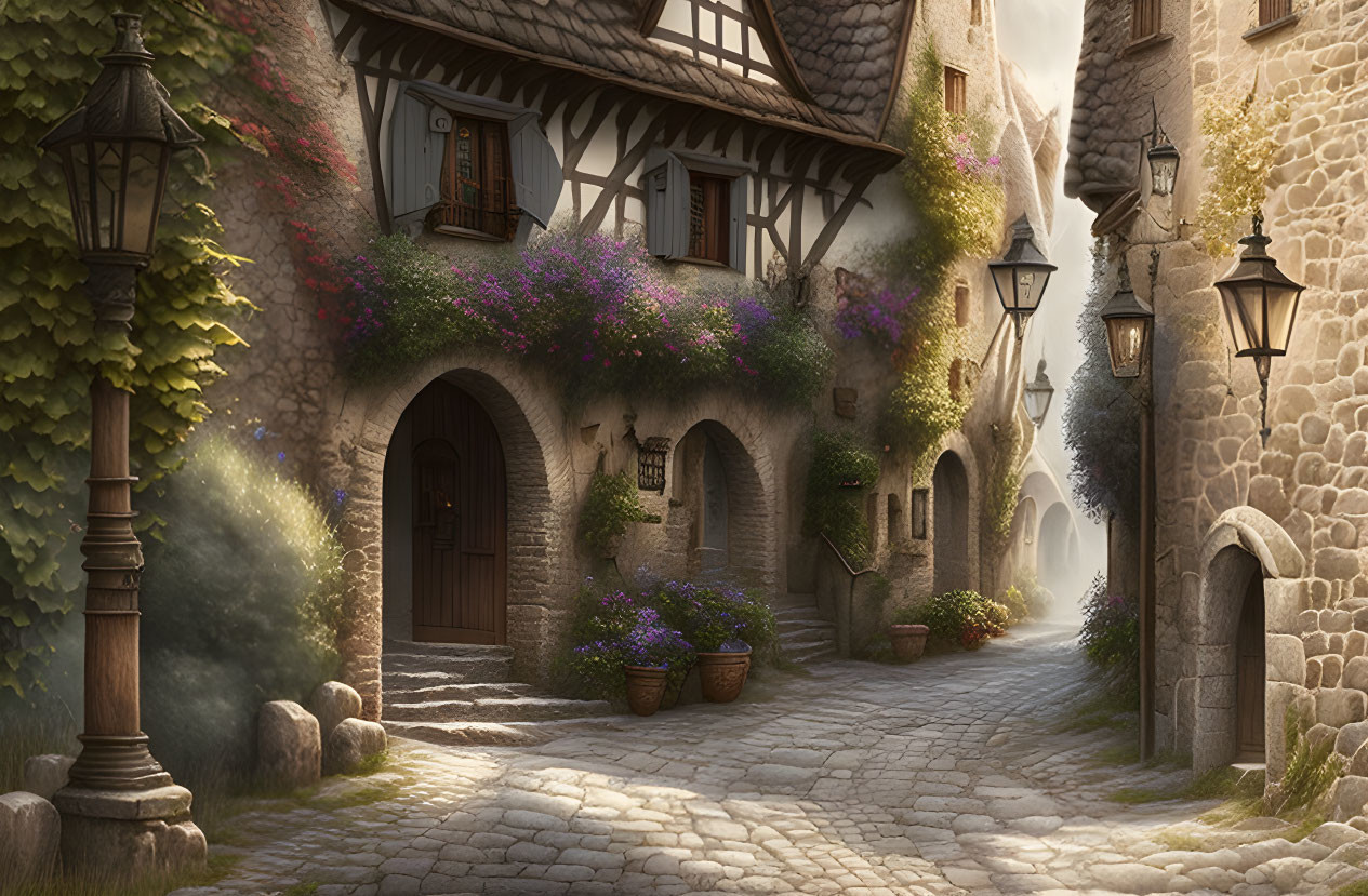 Quaint village cobblestone street with old-style houses, flowers, and street lamps