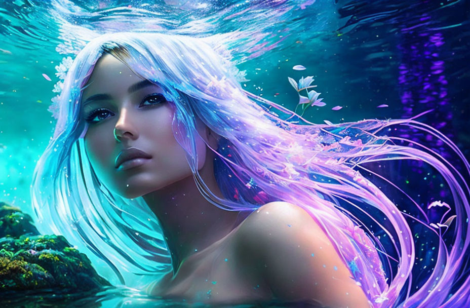 Vibrant digital art: Woman with glowing hair in underwater setting