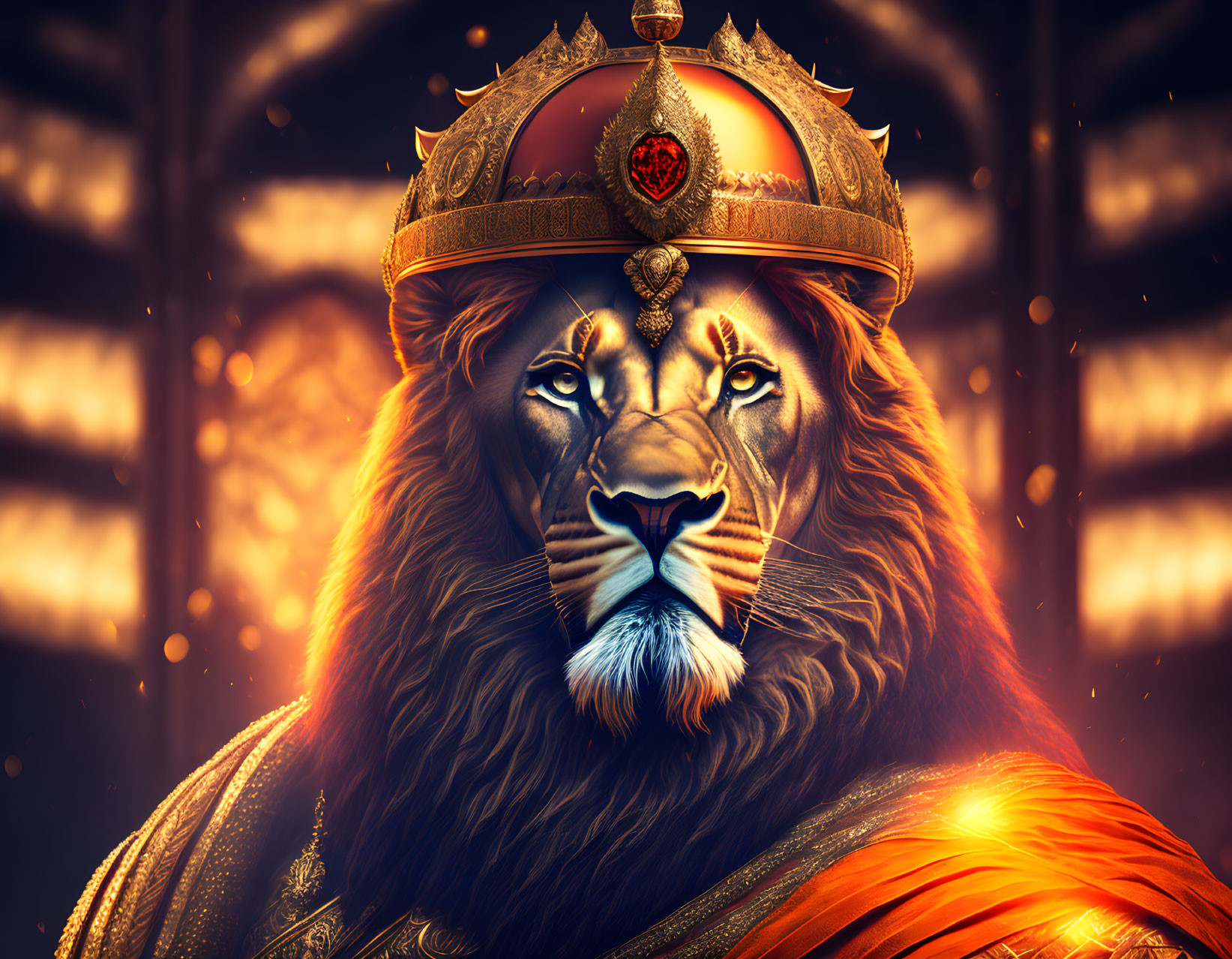 Regal lion with crown and red cloak in grand setting