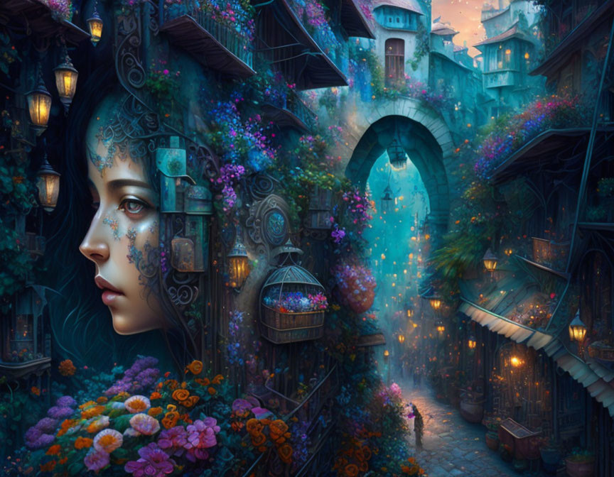 Surreal woman's profile with floral elements in fantastical cityscape