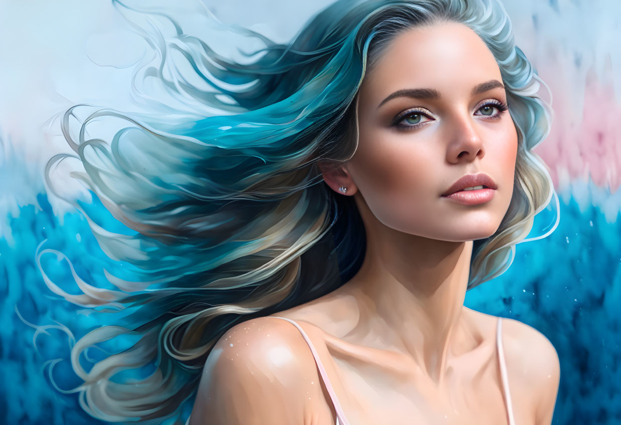 Digital Artwork: Woman with Flowing Blue Hair & Floral Background