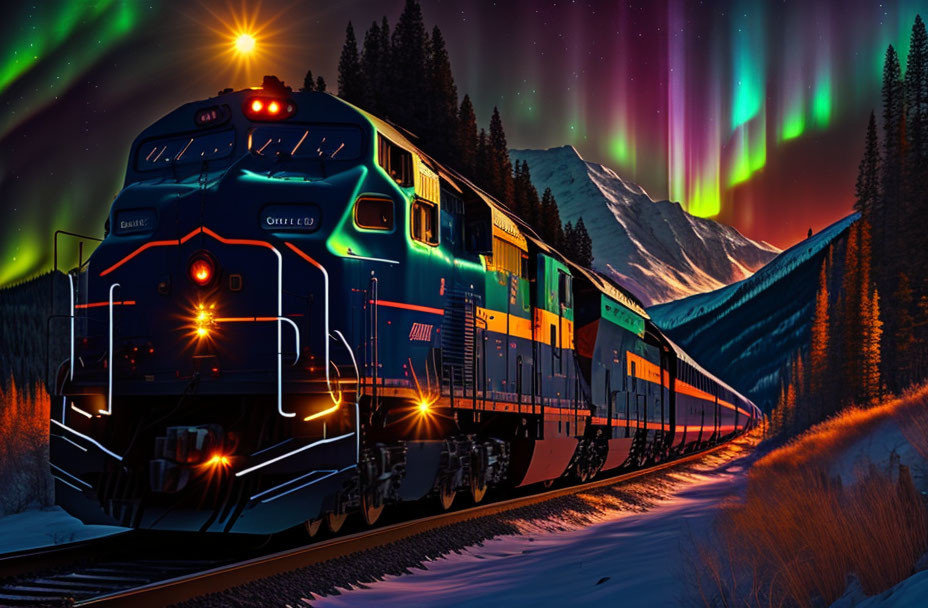 Train with illuminated headlamps on railway tracks under vibrant aurora borealis.