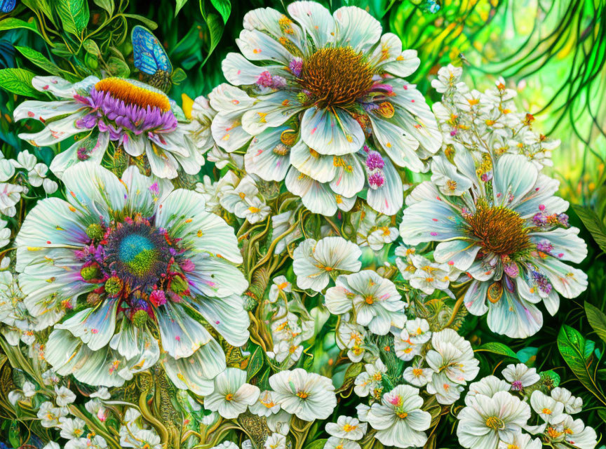 Colorful Floral Painting with White Flowers, Greenery, and Butterfly