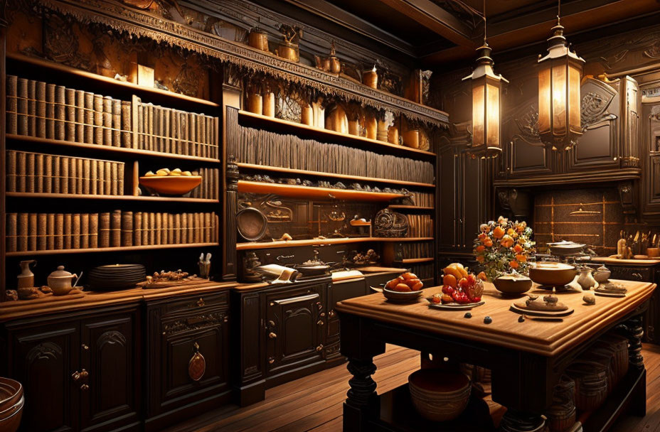 Vintage Wooden Kitchen with Ornate Cabinets, Book-Filled Shelves, Fruit Table