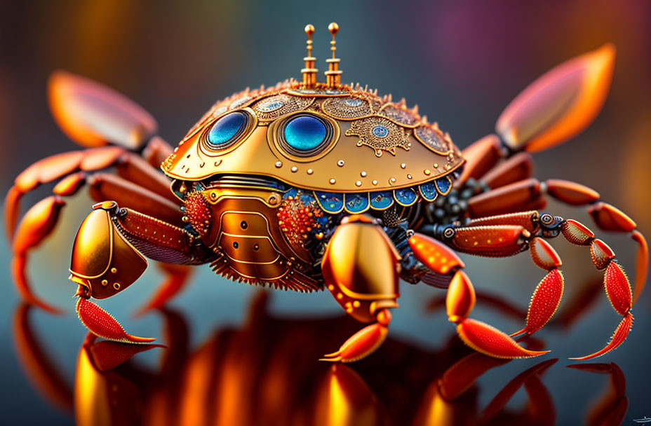 Intricate digital artwork of golden mechanical crab