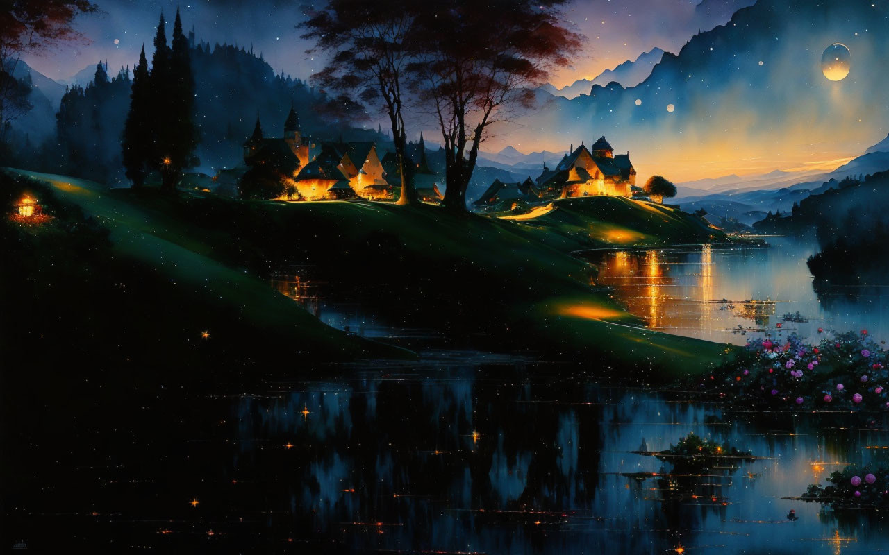 Tranquil fantasy landscape: cottages, lake, mountains, full moon