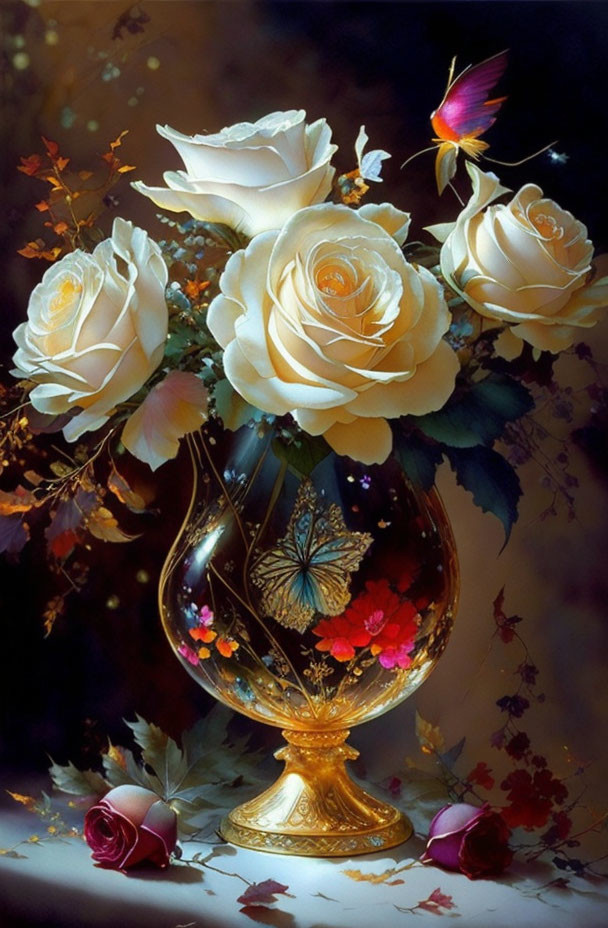 Golden vase with white roses and colorful flowers, leaves, and bird in still life.