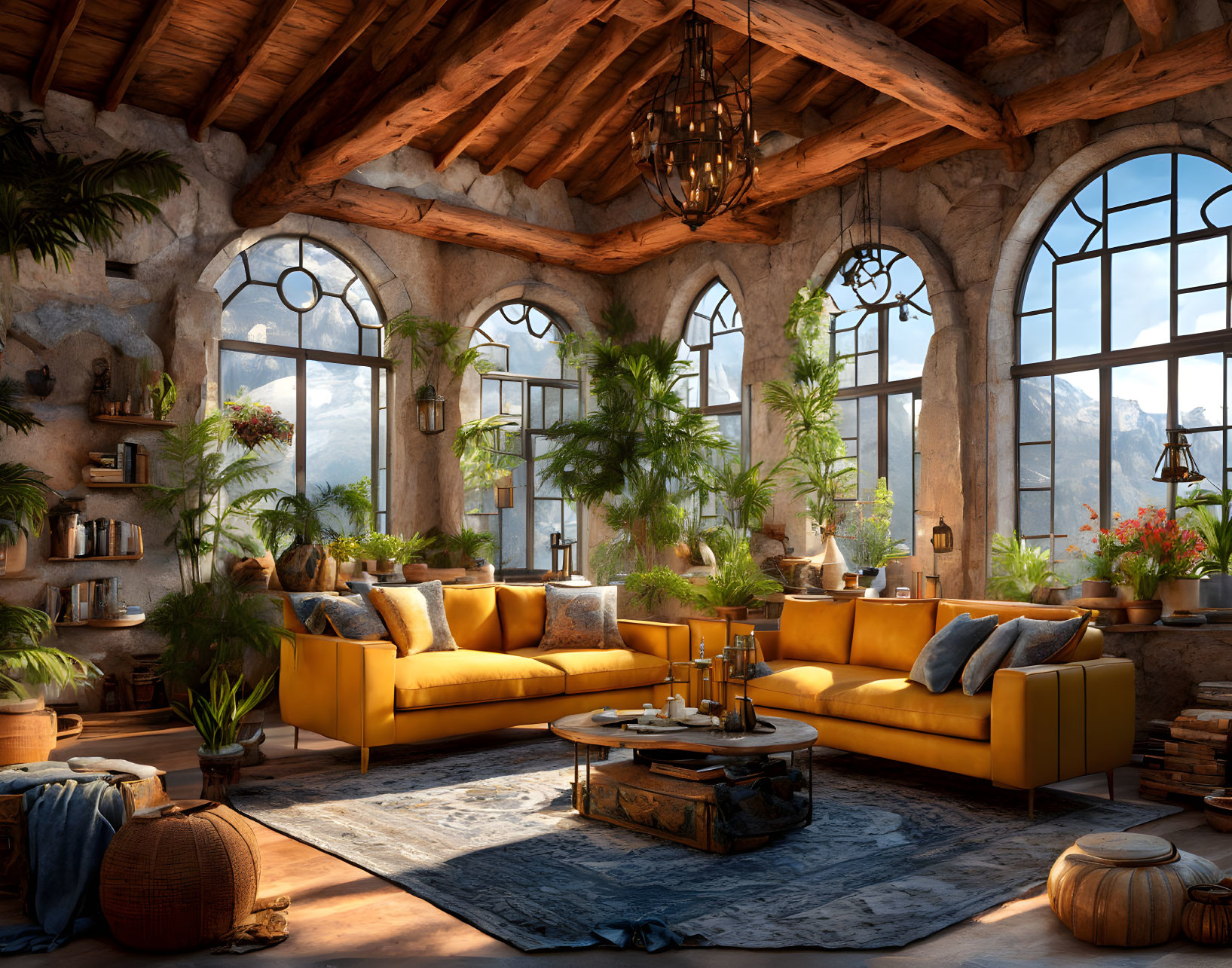 Sunlit living room with rustic decor and yellow sectional sofas