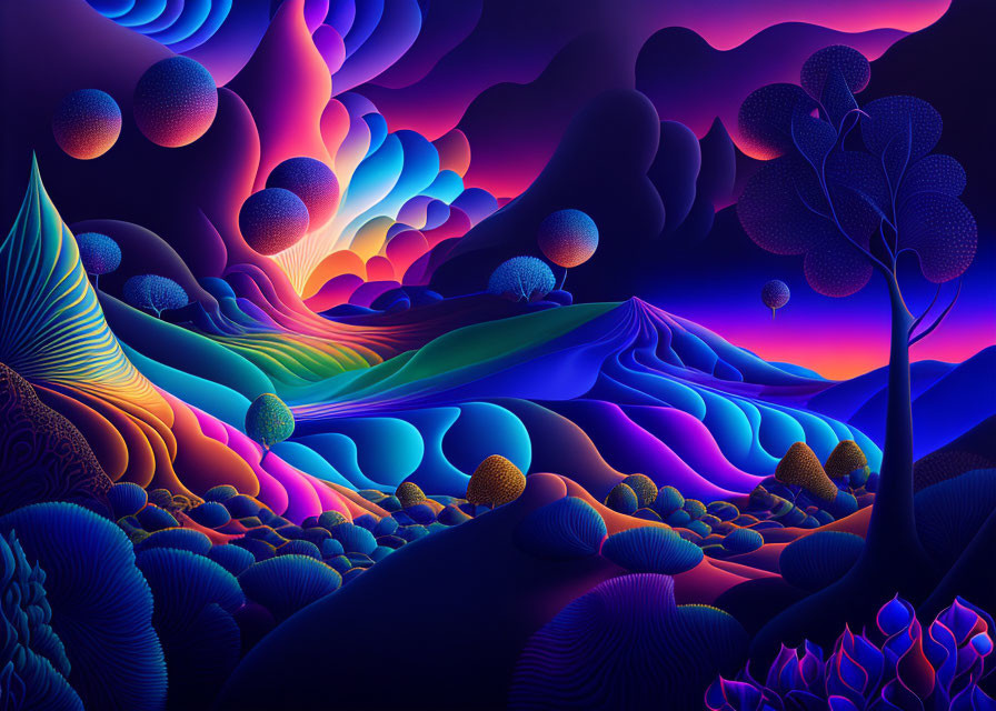 Surreal landscape with neon colors and textured spheres