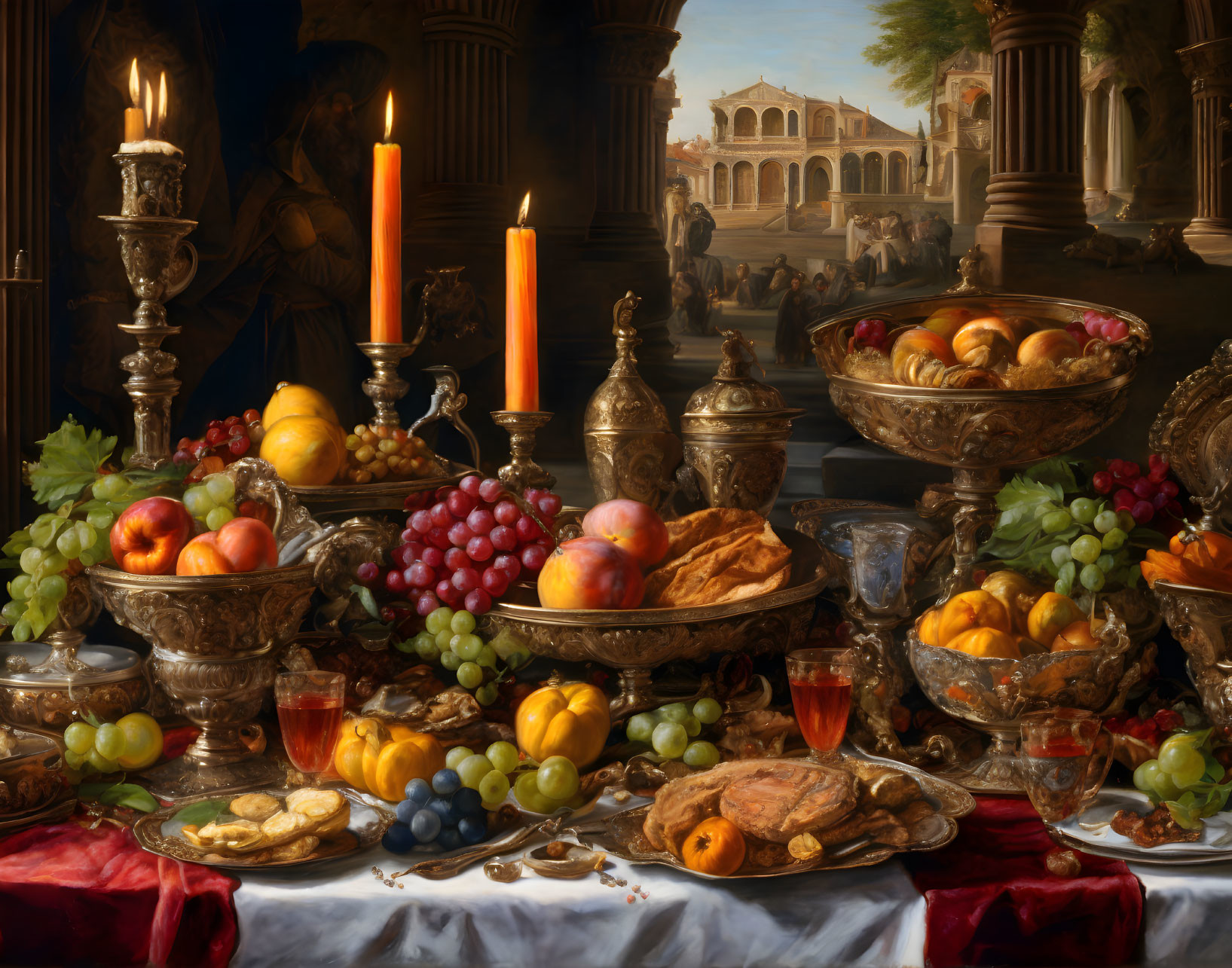 Opulent still life painting with fruits, goblets, and candles in elegant room