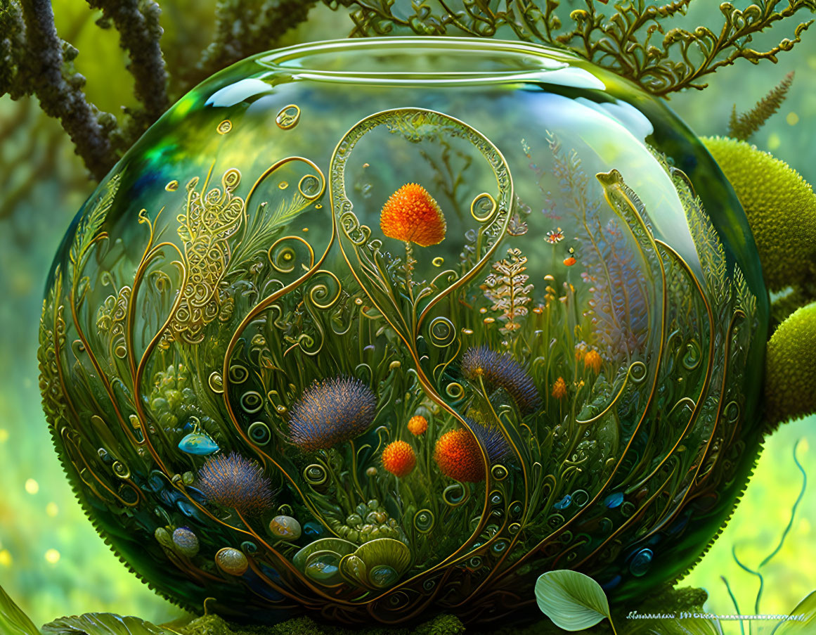 Intricate Golden Botanical Designs in Transparent Orb Amid Lush Green Foliage