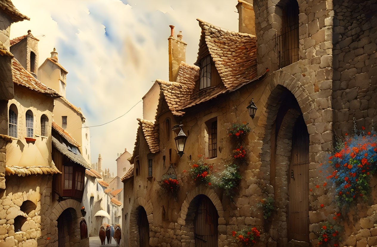 Charming European street scene with stone houses and people under cloudy sky