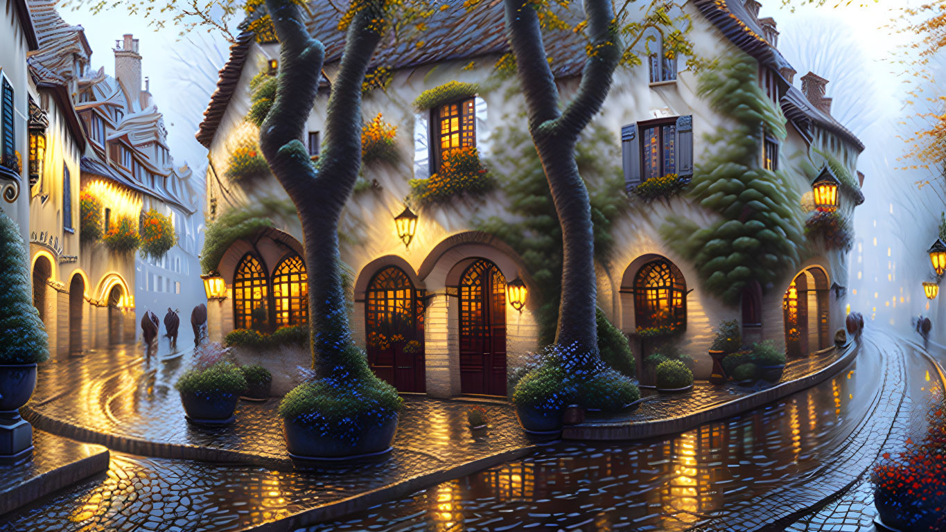 Charming cobblestone street at twilight with cozy houses and lush greenery