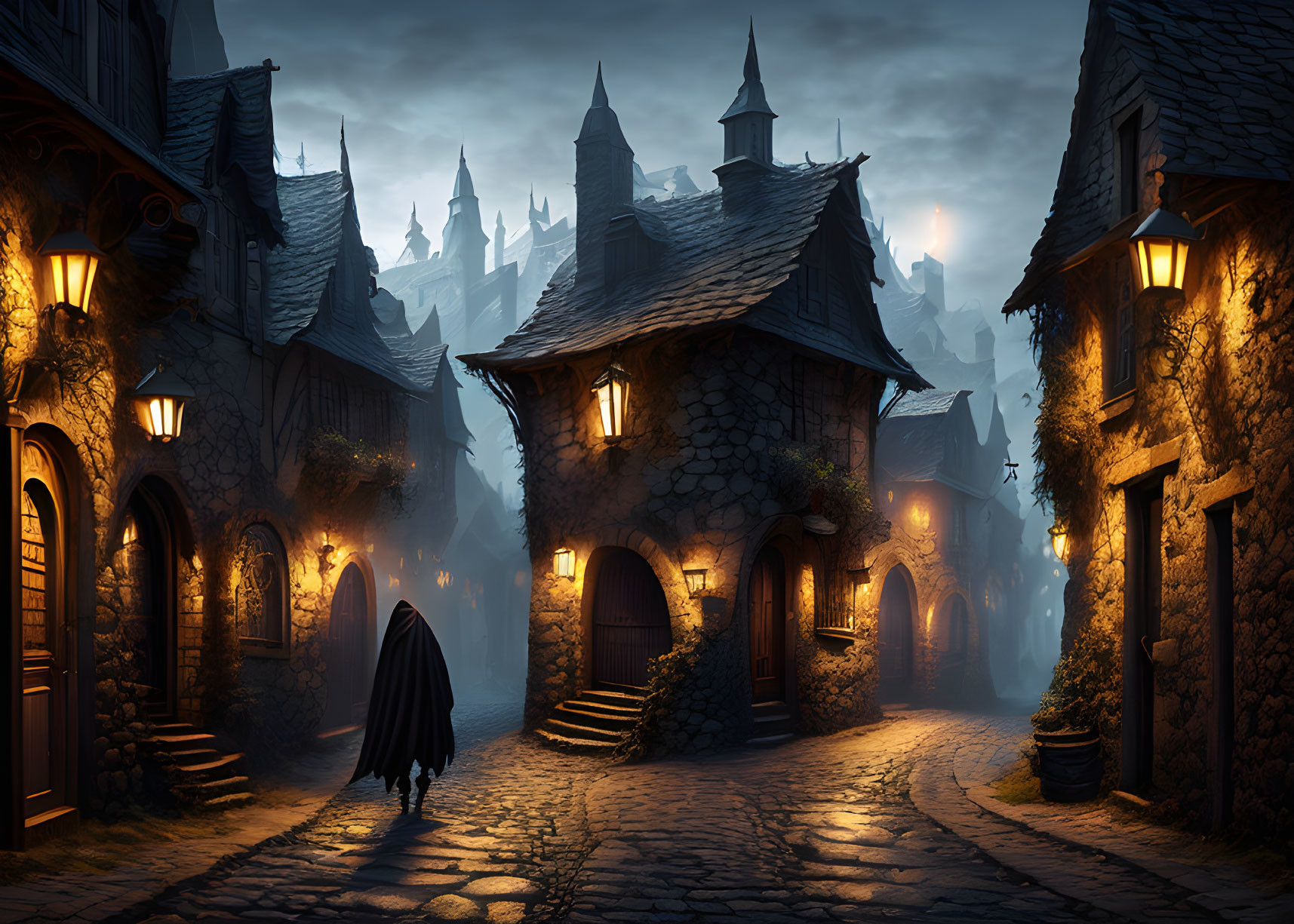 Mystical cloaked figure in dimly lit medieval village at night