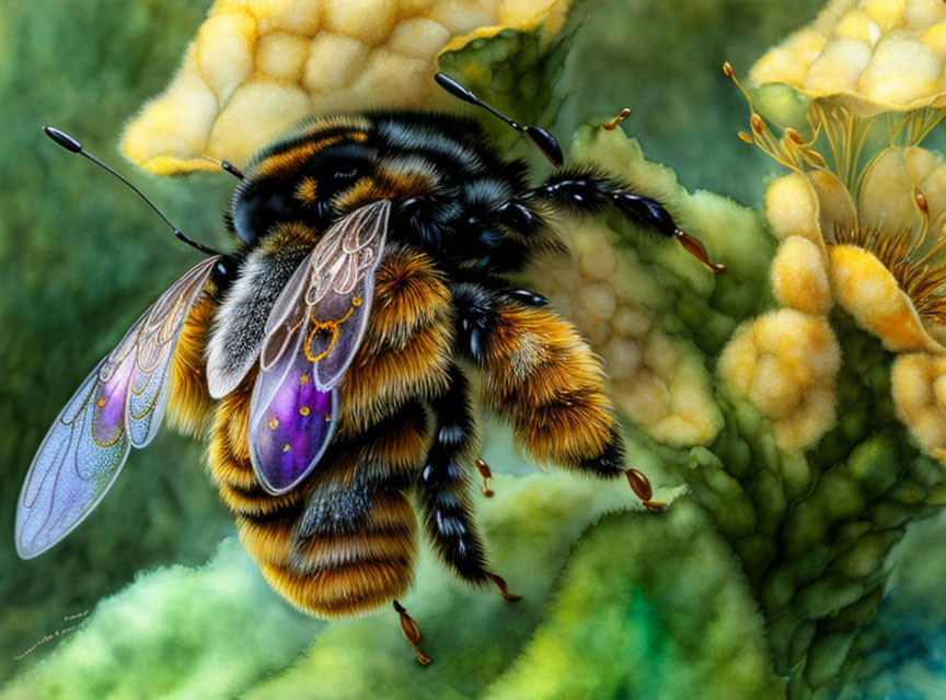 Detailed illustration of bumblebee on flower with translucent wings