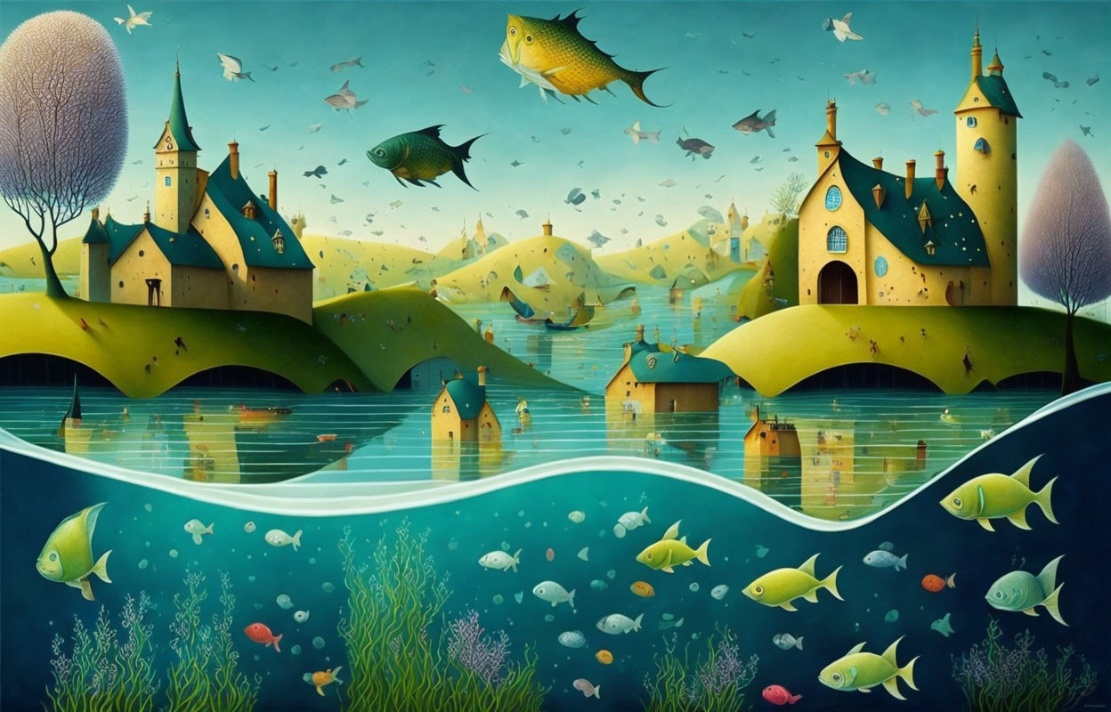 Illustration of Floating Village with Castles, Churches, and Flying Fish