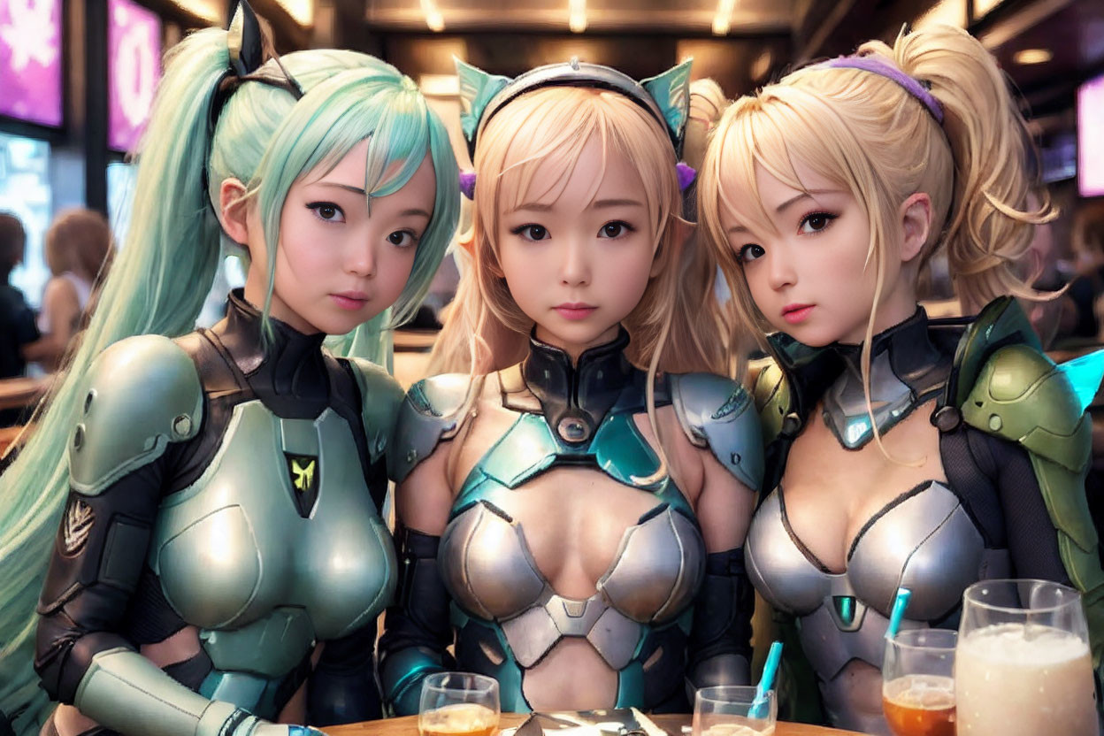 Three women in futuristic cat ear cosplay wearing metallic armor at bar.