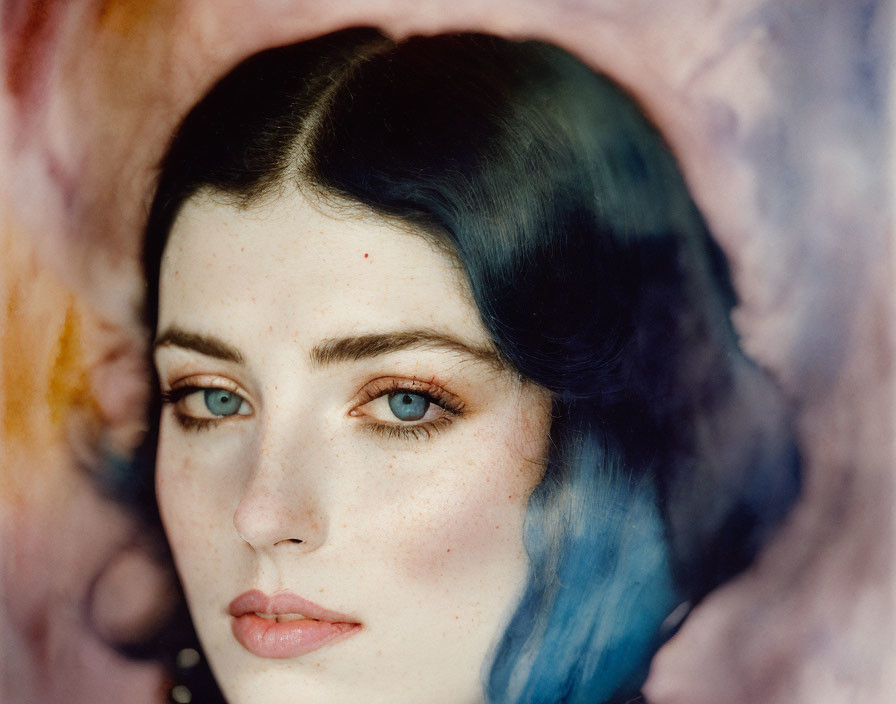 Woman's portrait with striking blue eyes and dark hair on abstract background