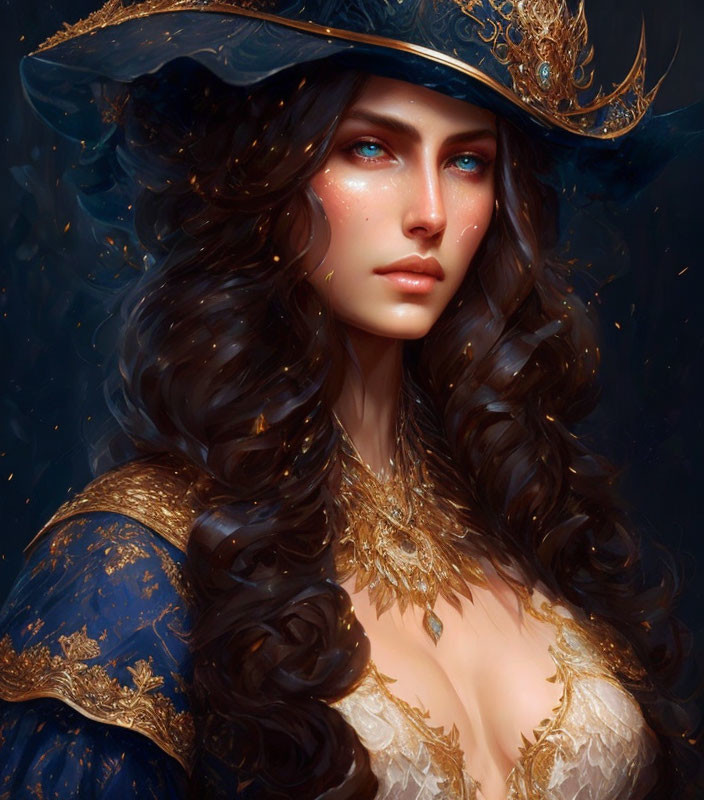 Portrait of woman with blue eyes, brown curls, gold-adorned hat, and golden embroidered dress