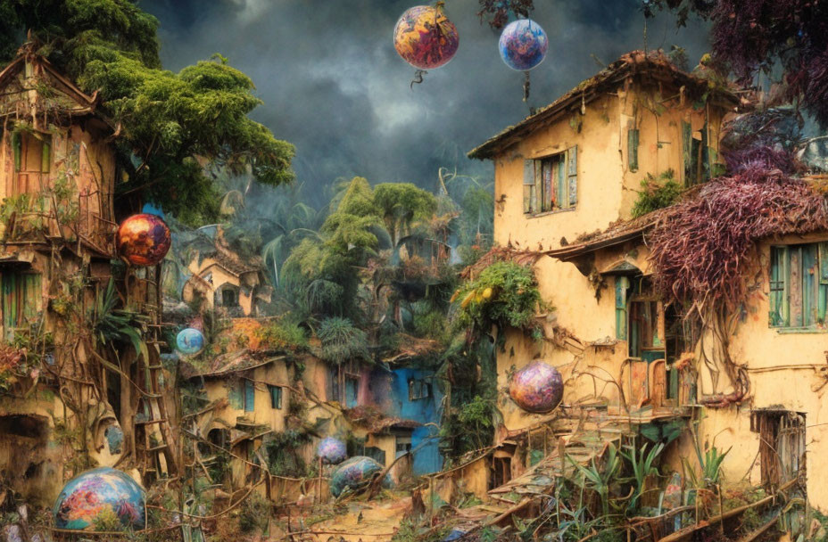 Fantastical village with dilapidated houses and floating orbs in overgrown greenery