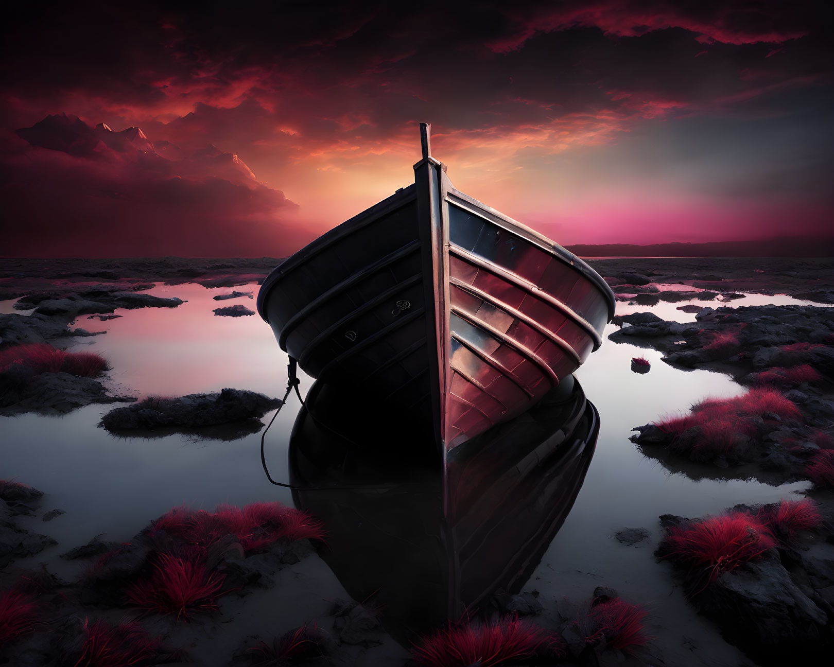 Moored boat reflecting in calm water under pink dusk sky