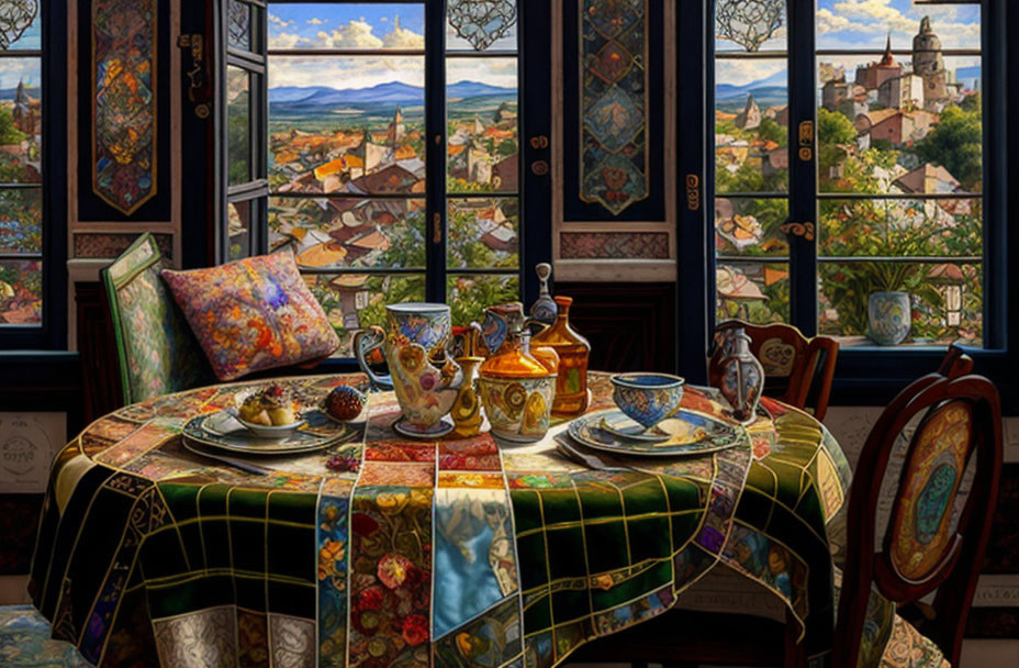 Elaborate table setting in cozy dining room with stained-glass windows