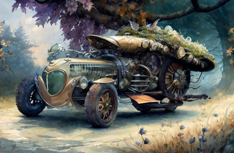 Vintage car-themed fantastical vehicle in enchanted forest with whimsical details