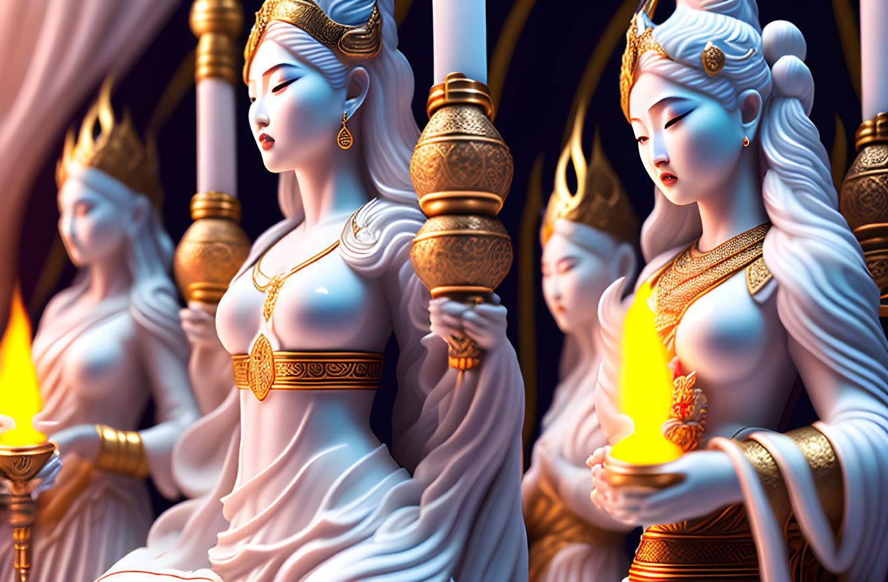 Ethereal female figures with elaborate headdresses and glowing flames in elegant white and gold attire