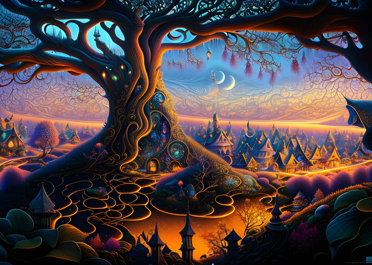 Fantasy night landscape with whimsical trees, crescent moon, stars, and glowing village.