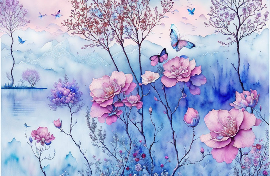 Tranquil watercolor painting of blooming pink flowers and delicate trees with butterflies.