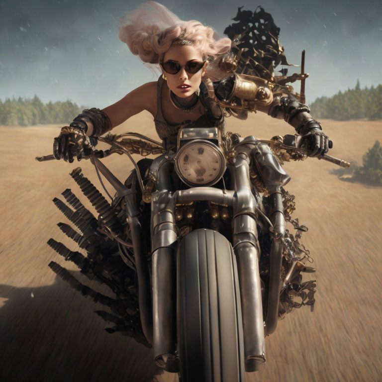 Pink-haired woman on futuristic motorcycle in barren landscape