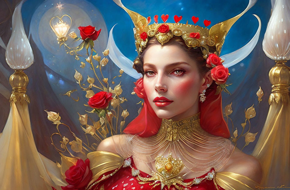 Regal woman with golden crown, horns, red roses, and hearts in luminous setting