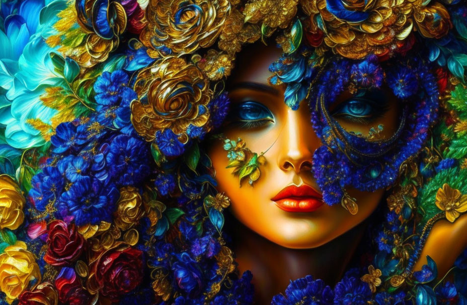 Colorful digital artwork of woman with floral headdress and blue mask