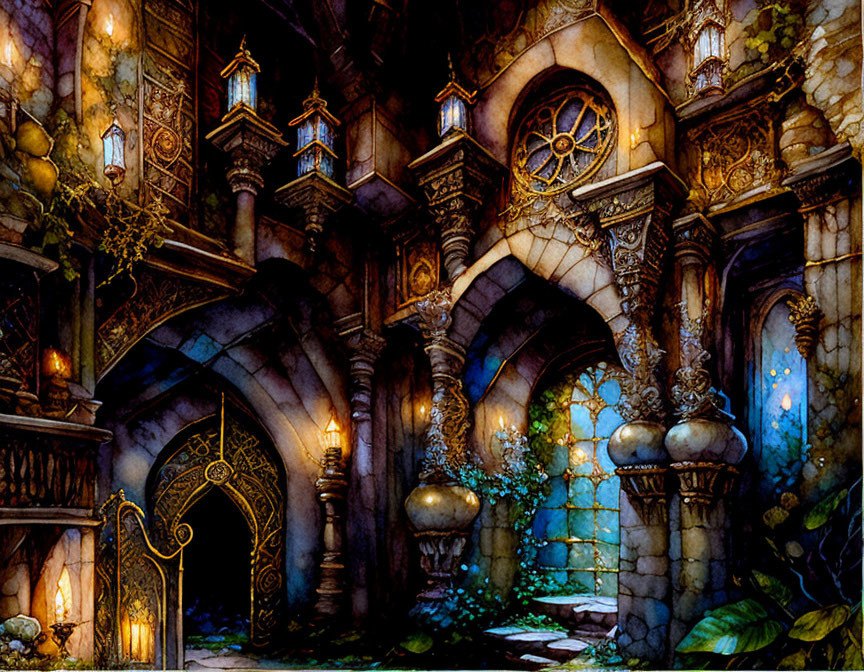 Gothic interior with stone archways, ivy, lanterns, and mystical ambiance