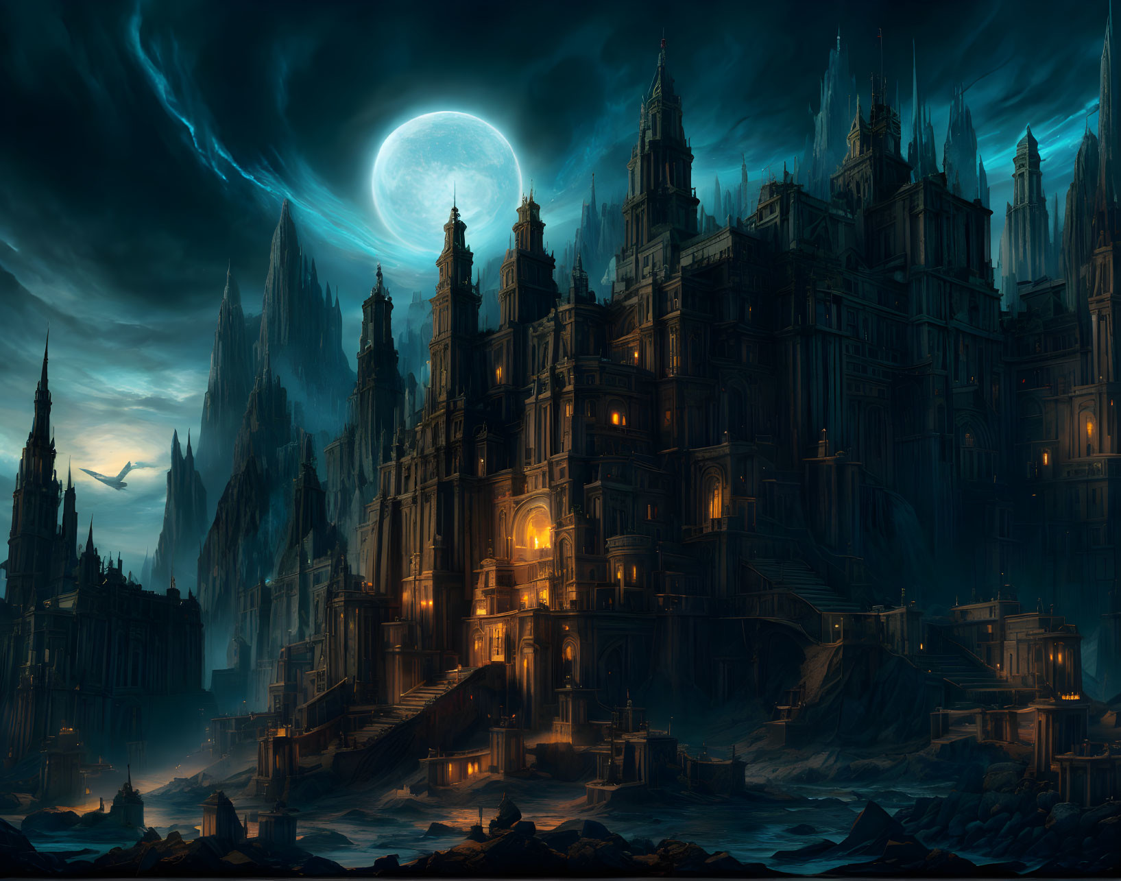 Gothic cityscape at night with towering spires under a large moon