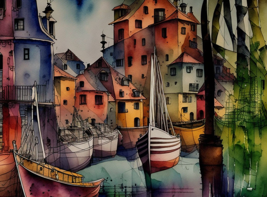 Colorful Watercolor Painting of Docked Boats and Houses