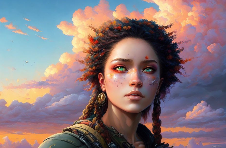 Digital artwork of young woman with red-accented eyes, freckles, braided hair,