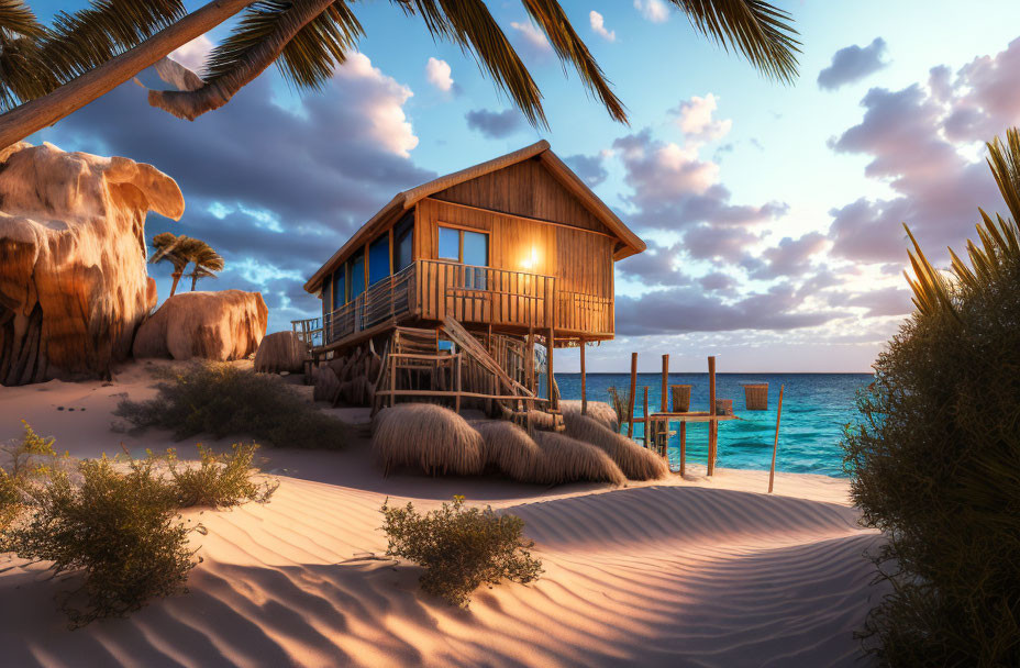 Tranquil Sunset Beach Scene with Overwater Bungalow