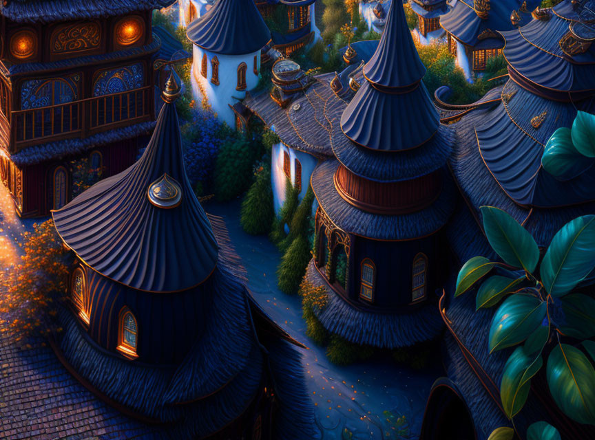 Nighttime village scene with traditional rooftops and glowing windows amid lush foliage