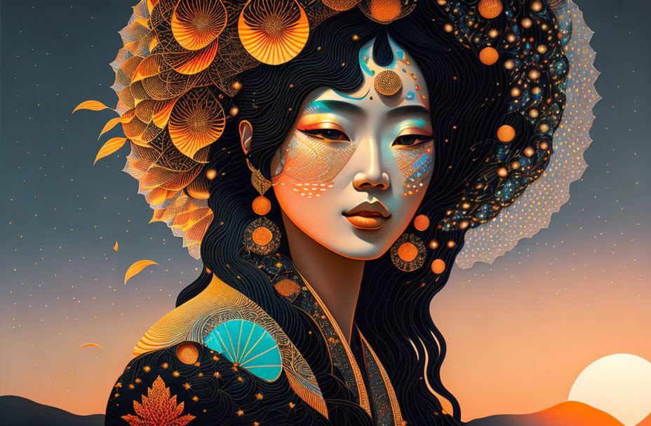 Elaborate floral and cosmic patterned hair portrait against warm gradient sky