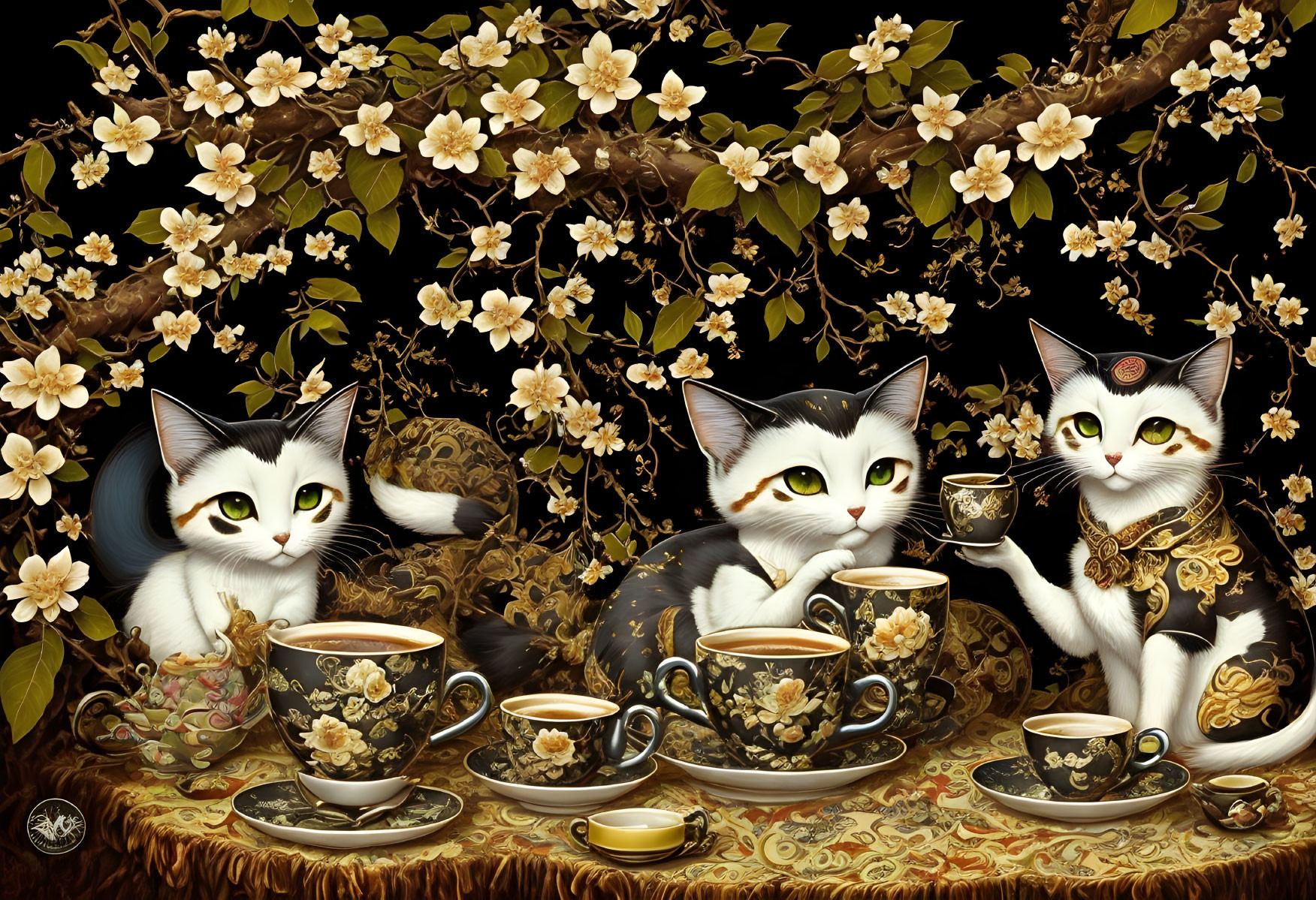 Anthropomorphic cats at luxurious tea party with gold accents