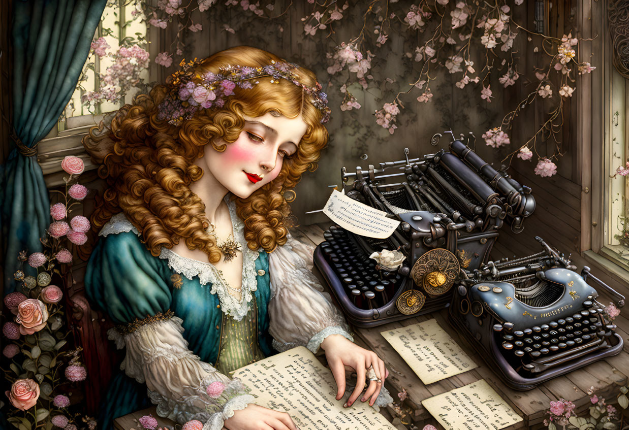 Curly-Haired Woman Typing on Antique Typewriter Near Window with Flowers