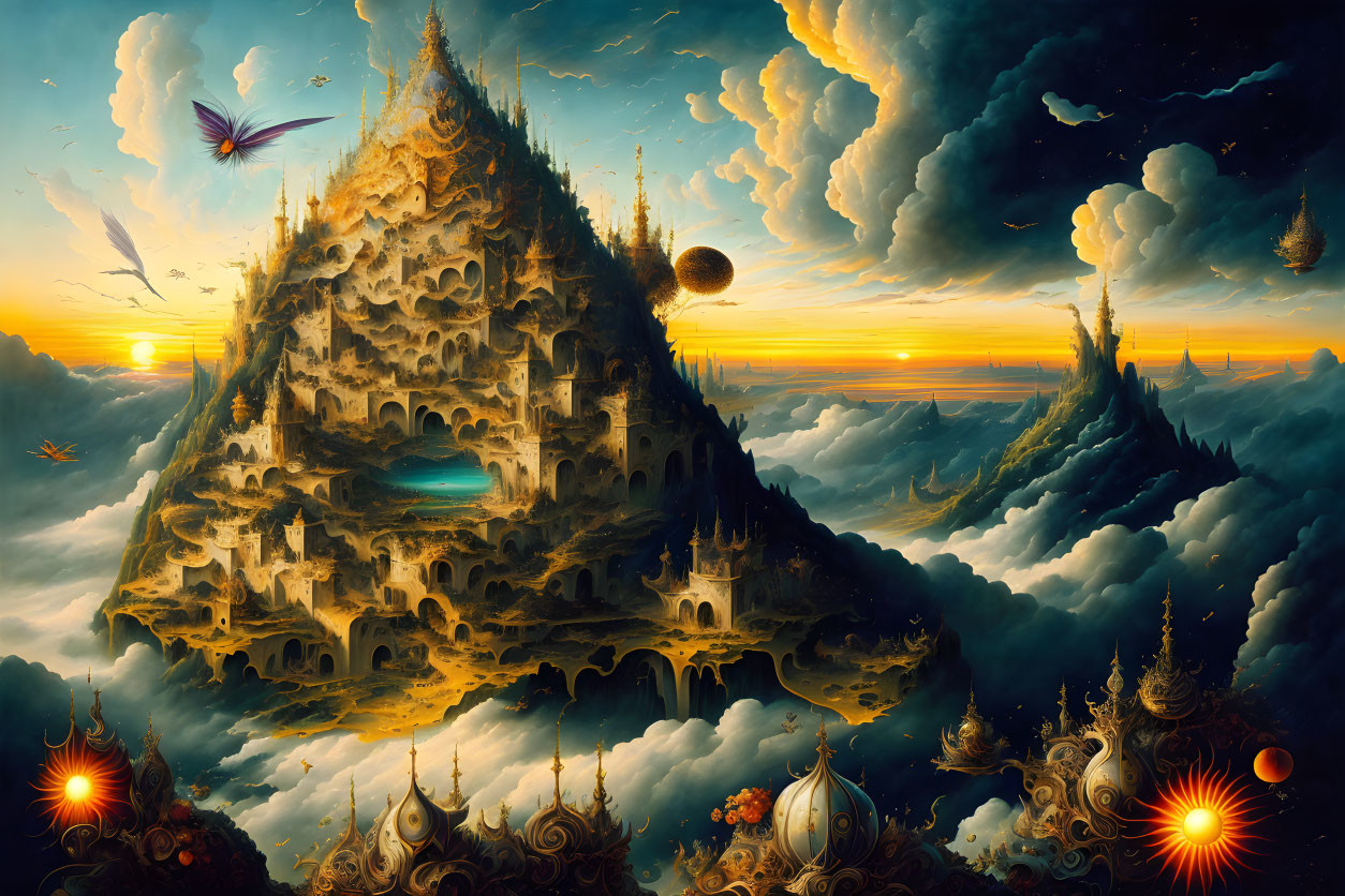 Majestic mountain landscape with intricate architecture and celestial bodies at sunset