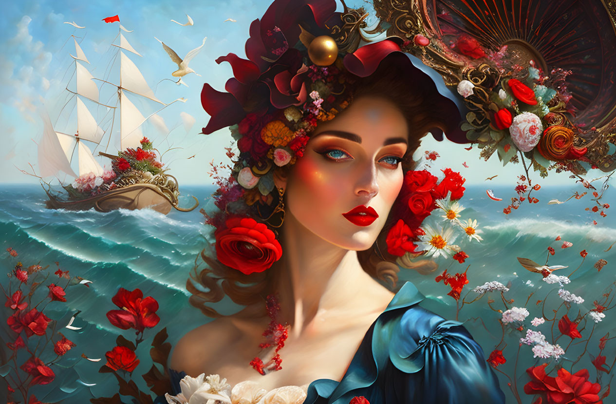 Surreal portrait of woman with floral hat and ship in background