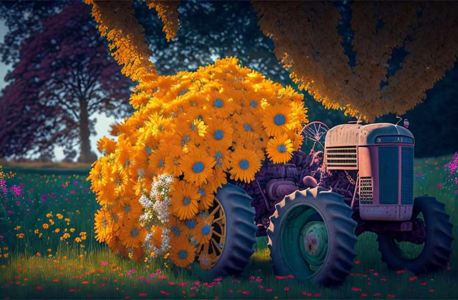 Vintage tractor surrounded by sunflowers in colorful meadow.